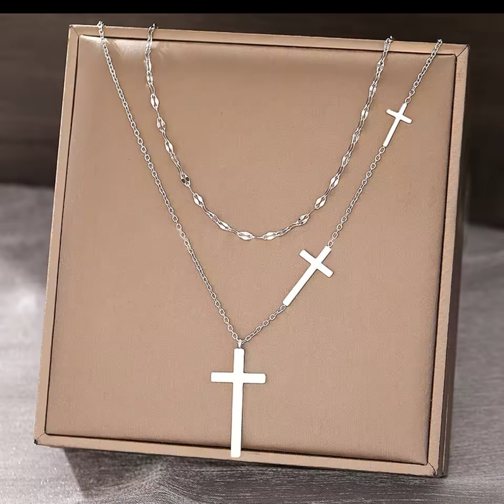 💎New Silver Stainless Steel Cross Pendant Choker Double layer Chain
